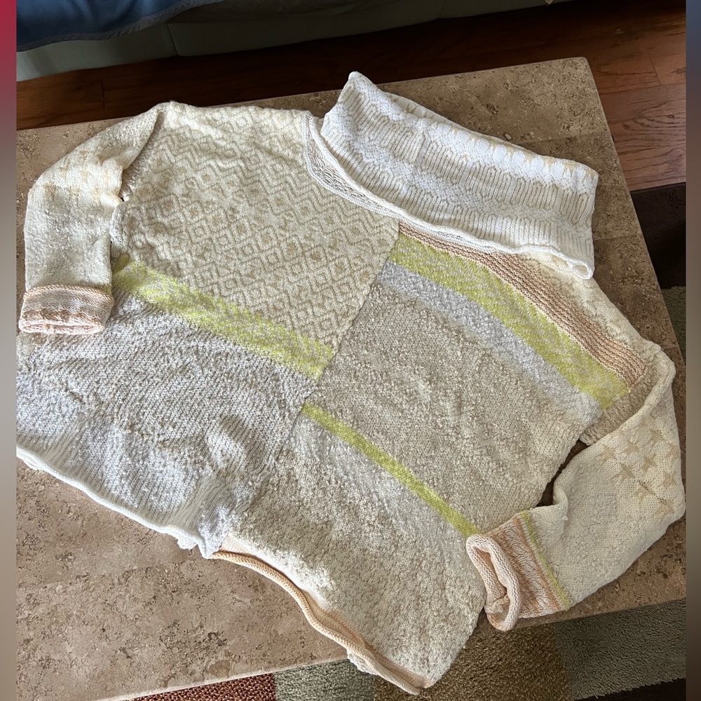 NWOT FREE PEOPLE Cowl Neck Warm Cream Tones mixed Knit Pattern Bohemian Sweater